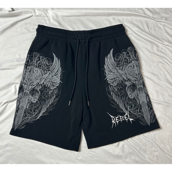 Rebel Vengeance Other - Rebel Vengeance Mens XL Black Graphic Wing Sword Sweat Shorts Streetwear Gothic